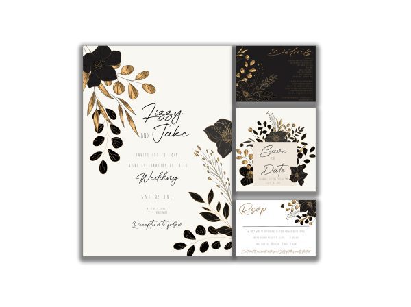 Midnight Blooms Wedding Collection digital download Black Flowers with Gold Leaves Design